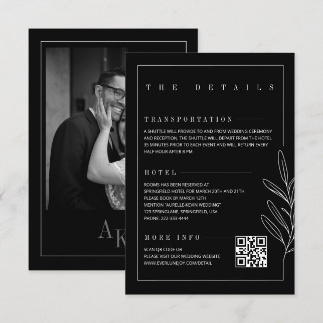 Cartão De Informações Detalhes de Casamento Elegante Preto Rústico de Li (Frente/Verso)