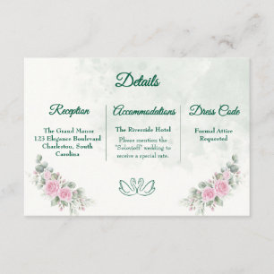 Cartão De Informações Detalhes de Casamento Elegante Rosa Floral Cisne &