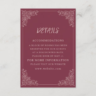 Cartão De Informações Detalhes de Casamento Elegante Vintage Burgundy Be
