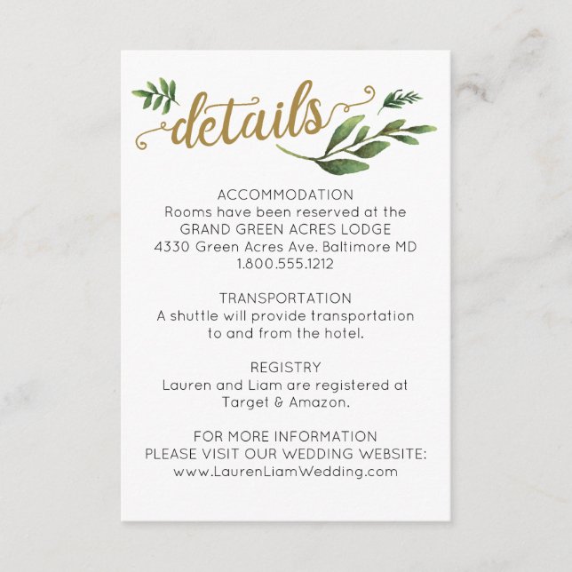 Cartão De Informações Detalhes de Casamento Elegantes com Aquarela Verde (Frente)