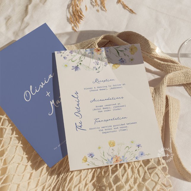 Cartão De Informações Detalhes de Casamento Elegantes com Flores Silvest (wildflower details card, wedding details card, floral enclosure card, handwritten wedding card, eleg)
