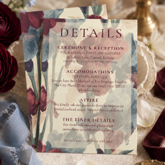 Cartão De Informações Detalhes de Casamento Elegantes em Burgundy e Azul