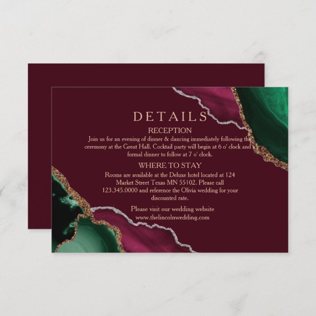 Cartão De Informações Detalhes de Casamento em Ágata Borgonha Moderna (Frente/Verso)