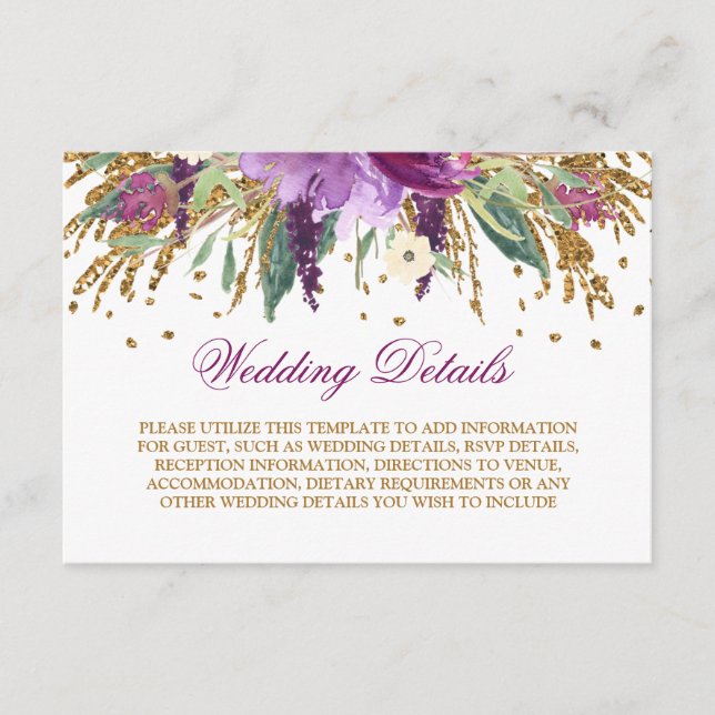 Cartão De Informações Detalhes de Casamento em Aquarela com Amethyst Bri (Frente)