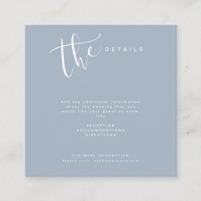 Cartão De Informações Detalhes de Casamento em Azul Empoeirado Moderno S (Frente)