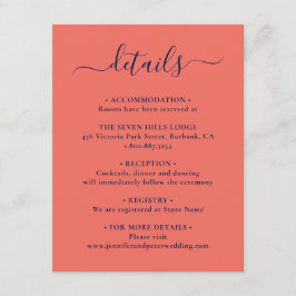 Cartão De Informações Detalhes de Casamento em Azul Marinho e Coral com 