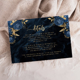 Cartão De Informações Detalhes de Casamento em Azul Naval Dourado Floral