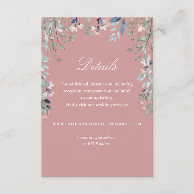Cartão De Informações Detalhes de Casamento em Cascata Floral Rosa Empoe (Frente)