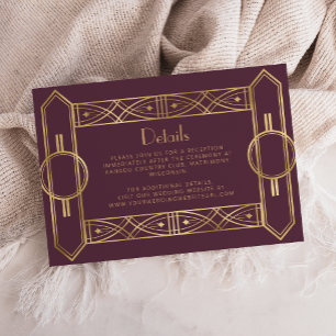Cartão De Informações Detalhes de Casamento em Dourado e Borgonha Deco V