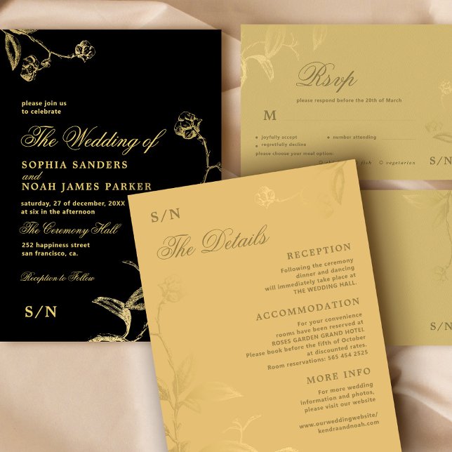 Cartão De Informações Detalhes de casamento em falso ouro com caligrafia (The invitation and the RSVP card can be purchased separately - please see the collection)