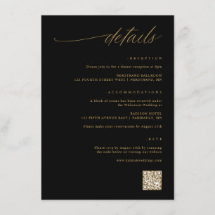 Cartão De Informações Detalhes de Casamento em Preto e Dourado com Letra