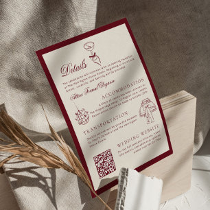 Cartão De Informações Detalhes de Casamento em QR Code Clássico Deep Red