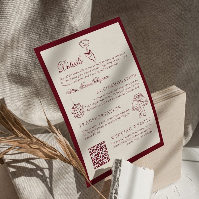 Cartão De Informações Detalhes de Casamento em QR Code Clássico Deep Red (Criador carregado)