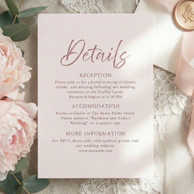 Cartão De Informações Detalhes de Casamento em Script Rosa Pó Minimalist (Dusty Pink modern minimalist script calligraphy enclosure card)