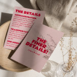 Cartão De Informações Detalhes de Casamento Exclusivo do Brilho Vermelho<br><div class="desc">Detalhes simples e na moda retro colorido das informações do convidado de casamento. Com fundo cor-de-rosa quente e cor-de-rosa esmerilada e vermelho magenta em negrito e com layout de texto escrito à mão. Todas as informações são personalizáveis como site, transporte, alojamento. Pegue junto com outros produtos desta mão clássica feita...</div>