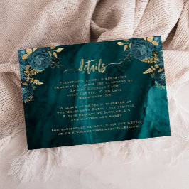 Cartão De Informações Detalhes de Casamento Floral Ágata Azul Teal Doura
