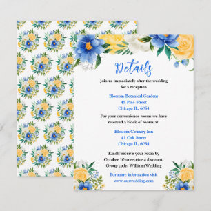 Cartão De Informações Detalhes de Casamento Floral Azul e Amarelo