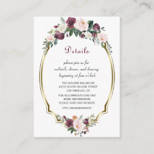 Cartão De Informações Detalhes de Casamento Floral Bege Borgonha Dourado