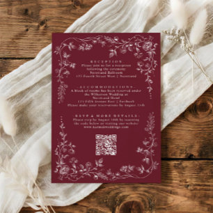Cartão De Informações Detalhes de Casamento Floral Borgonha Vintage Fran