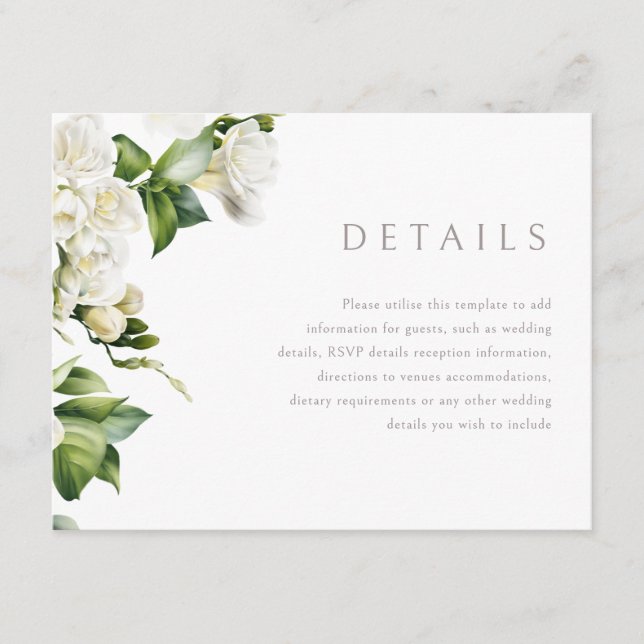 Cartão De Informações Detalhes de casamento floral branco lindo (Frente)
