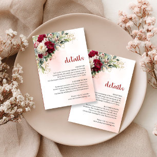 Cartão De Informações Detalhes de Casamento Floral Burgundy Minimalista