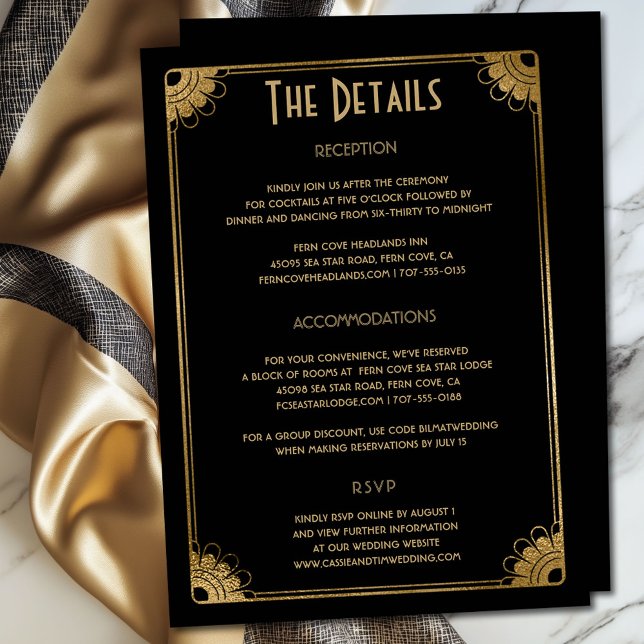 Cartão De Informações Detalhes de Casamento Floral de Deco de Arte Doura (Classy black and gold retro floral wedding details enclosure card)