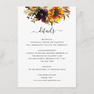Cartão De Informações Detalhes de Casamento Floral de Girassol Rústico d