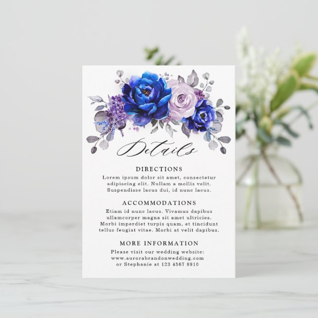 Cartão De Informações Detalhes de casamento floral de lilás roxo azul re (Em pé/Frente)