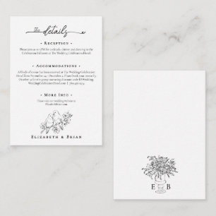 Cartão De Informações Detalhes de Casamento Floral Desenhados à Mão Eleg