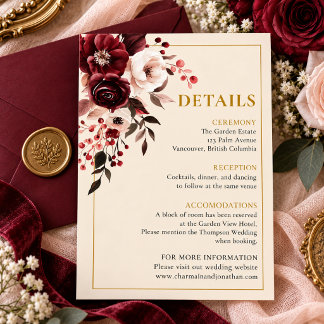 Cartão De Informações Detalhes de Casamento Floral Dourado Rosa Burgundy