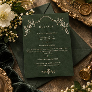 Cartão De Informações Detalhes de Casamento Floral Ornamentado em Verde