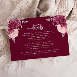 Cartão De Informações Detalhes de Casamento Floral Prateado Rosa Borgonh