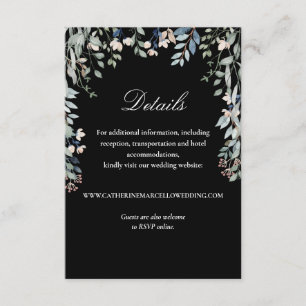 Cartão De Informações Detalhes de Casamento Floral Preto e Branco Elegan
