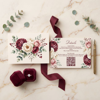 Cartão De Informações Detalhes de Casamento Floral Rosa Borgonha em Aqua
