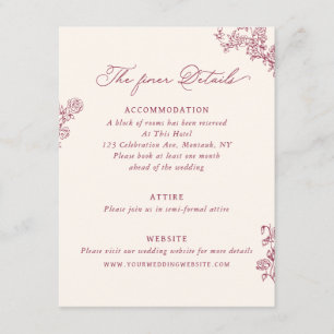 Cartão De Informações Detalhes de Casamento Floral Rosa Burgundy Vintage
