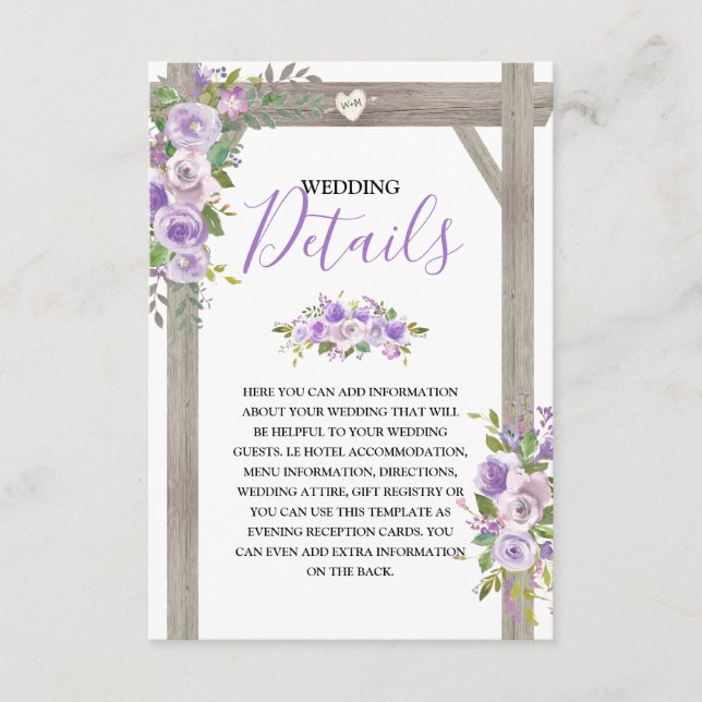 Cartão De Informações Detalhes de Casamento Floral Roxo Rústico (Frente)