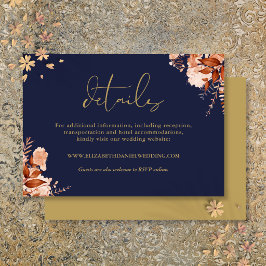 Cartão De Informações Detalhes de Casamento Floral Rústico Azul Marinho