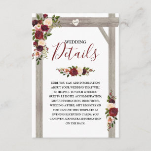 Cartão De Informações Detalhes de casamento floral rústico em burgundy