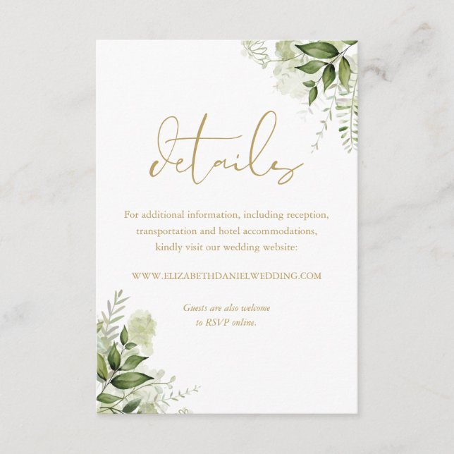 Cartão De Informações Detalhes de Casamento Floral Verde Chic com Letra  (Frente)