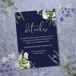 Cartão De Informações Detalhes de Casamento Floral Verde Escuro Azul Mar