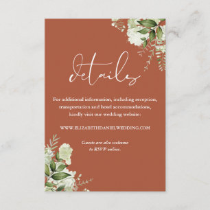 Cartão De Informações Detalhes de Casamento Floral Verde Terracota Elega
