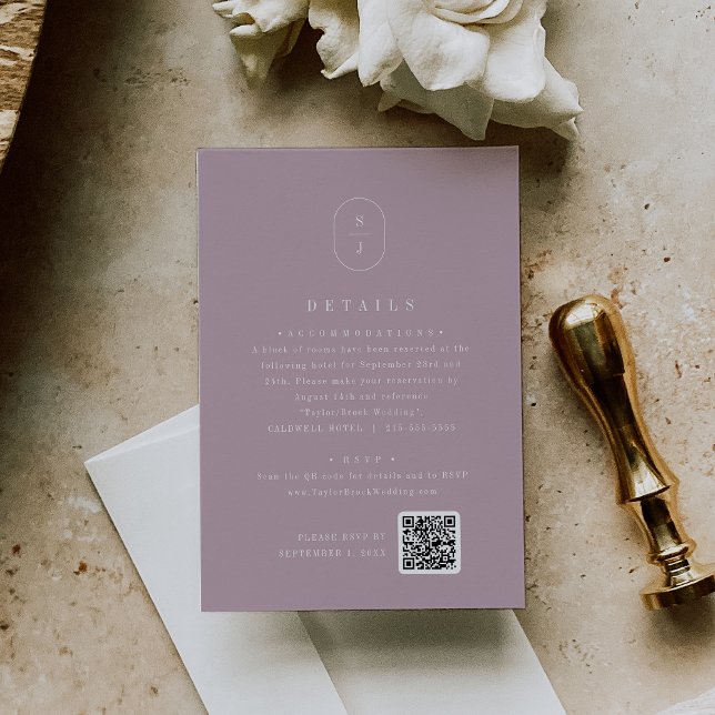 Cartão De Informações Detalhes de Casamento Geométrico Lilac Monograma d (SHYLAH Geometric Lilac Monogram Wedding Details Enclosure Card)
