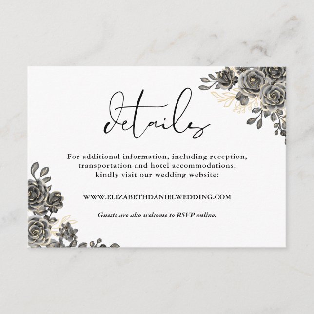 Cartão De Informações Detalhes de casamento gótico de rosas florais em S (Frente)