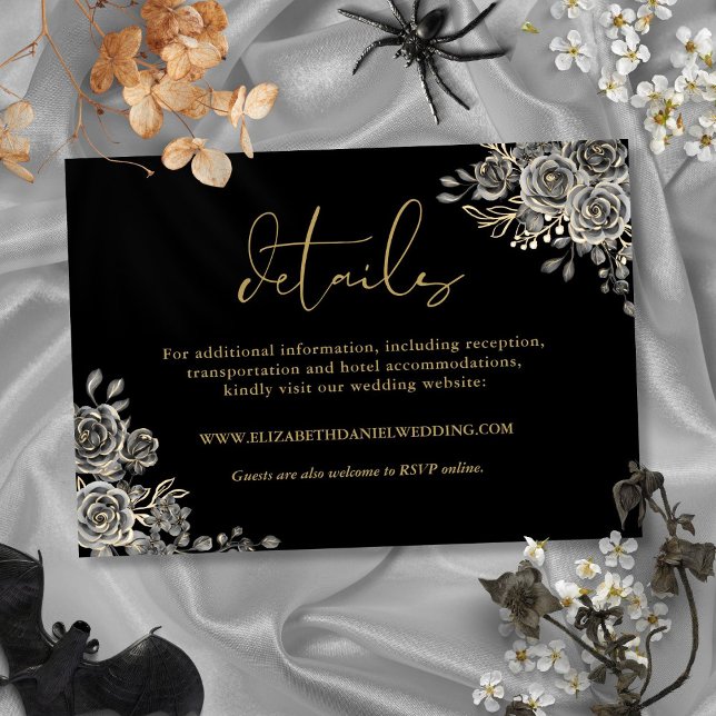 Cartão De Informações Detalhes de casamento gótico de rosas florais pret (Black And Gold Floral Roses Gothic Wedding Details Enclosure Card)