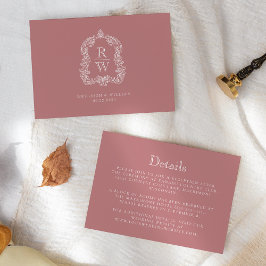 Cartão De Informações Detalhes de Casamento Monograma Crest Rosa Empoeir