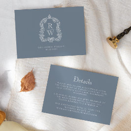Cartão De Informações Detalhes de Casamento Monograma Crista Azul Empoei
