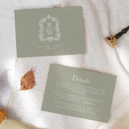Cartão De Informações Detalhes de Casamento Monograma Crista Verde Sage