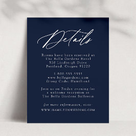 Cartão De Informações Detalhes de Casamento Navy com Caligrafia Elegante