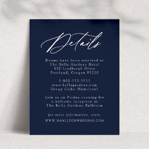 Cartão De Informações Detalhes de Casamento Navy com Caligrafia Elegante