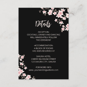 Cartão De Informações Detalhes de Casamento Preto com Flor de Cerejeira